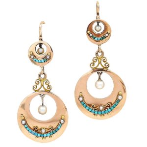 Victorian Turquoise Pearl Gold Drop Earrings
