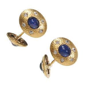 Vintage Hammered Gold Cufflinks with Cabochon Sapphire and Old Cut Diamond