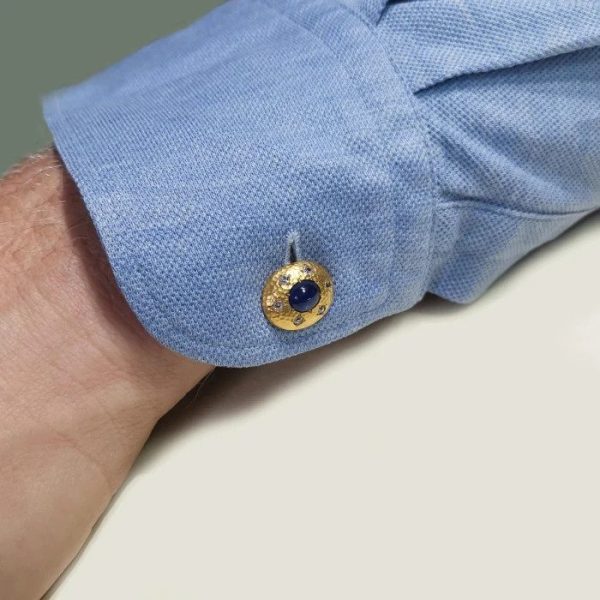 Vintage 18ct Yellow Hammered Gold Cufflinks with Cabochon Sapphire and Old Cut Diamond