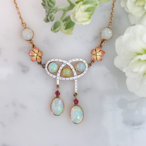 Antique Opal Necklace, enamel and ruby gold