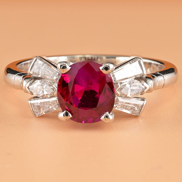 Vintage 1.62ct Natural Burma Ruby and Diamond Bow Cluster Engagement Ring
