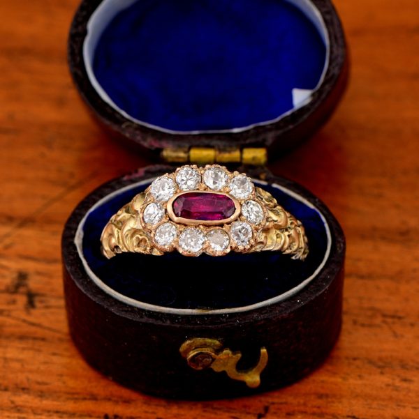 Antique Regency Natural No Heat Ruby and Old Mine Cut Diamond Cluster Memorial Ring