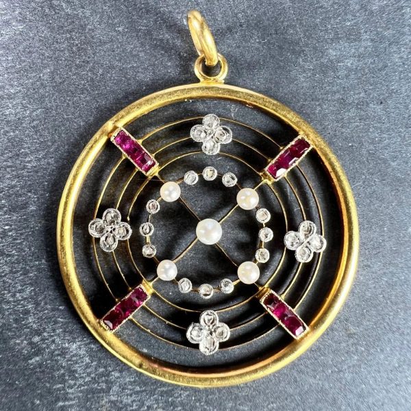 Edwardian Antique Natural Pearl Ruby Diamond Target Pendant