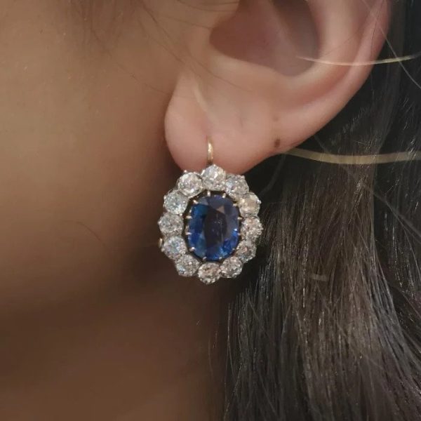 Fine Antique Victorian Ceylon Sapphire and Old Cut Diamond Cluster Earrings