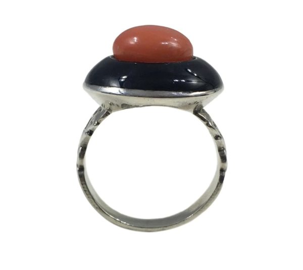 Vintage French Coral and Black Lacquer Target Ring in Silver with foliate decoration, Circa 1930