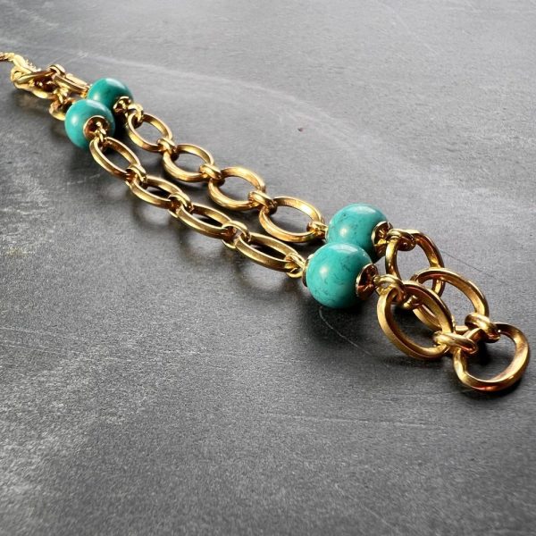 Turquoise Bead and 18ct Yellow Gold Link Chain Bracelet