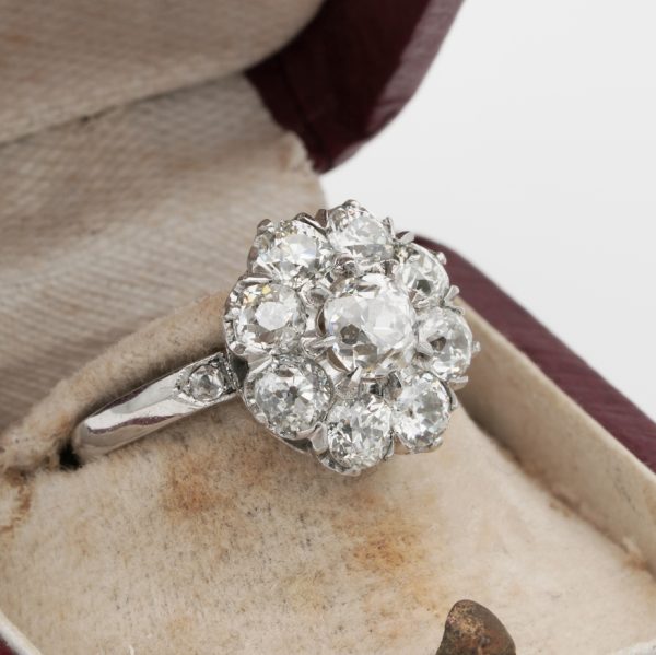 Edwardian Antique 3.15ct Old Cut Diamond Daisy Flower Cluster Engagement Ring in Platinum