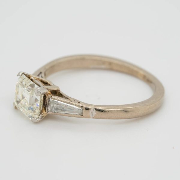 Late Art Deco 1.03ct Asscher Cut Diamond Solitaire Engagement Ring with Tapered Baguette Shoulders