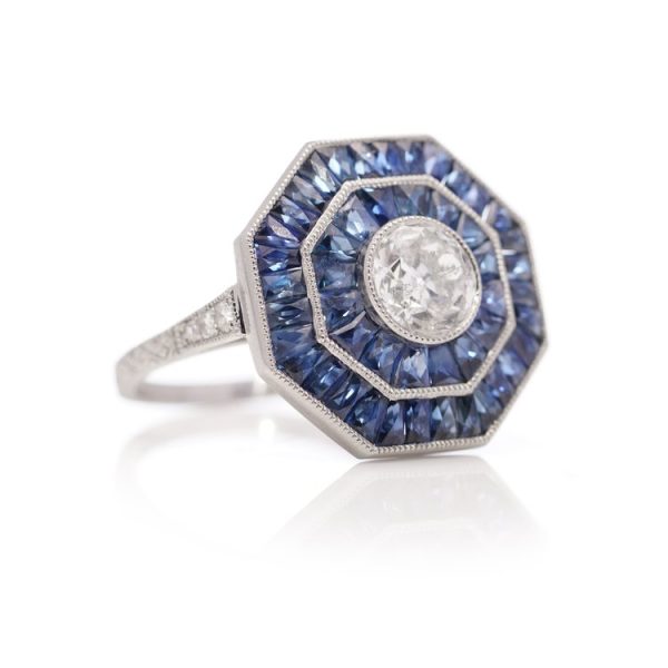 Art Deco Style 0.42ct Diamond and Sapphire Octagonal Double Cluster Ring in Platinum