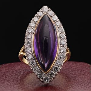 Antique Marquise Cabochon Amethyst and Diamond Navette Ring