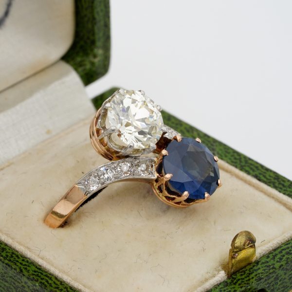 Edwardian Antique 2.30ct Natural Sapphire and 1.70ct Old Cut Diamond Toi et Moi Two Stone Crossover Engagement Ring