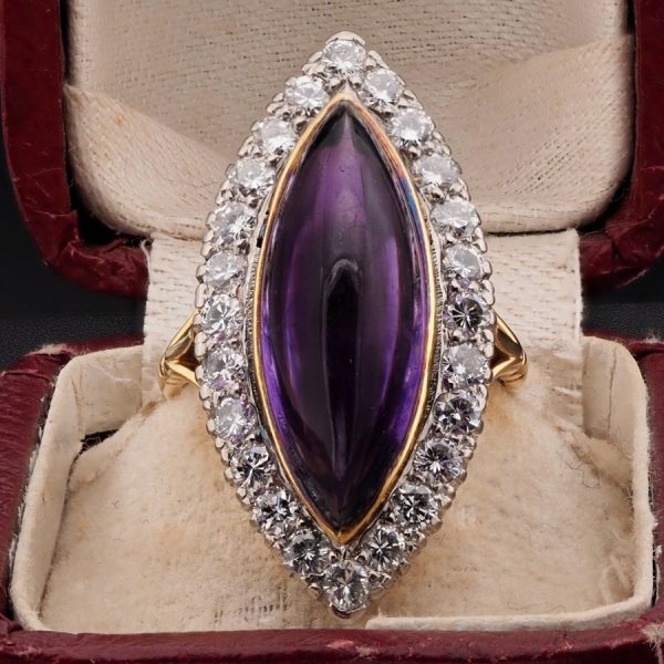 Antique 16ct Marquise Cabochon Amethyst and Diamond Cluster Navette Ring