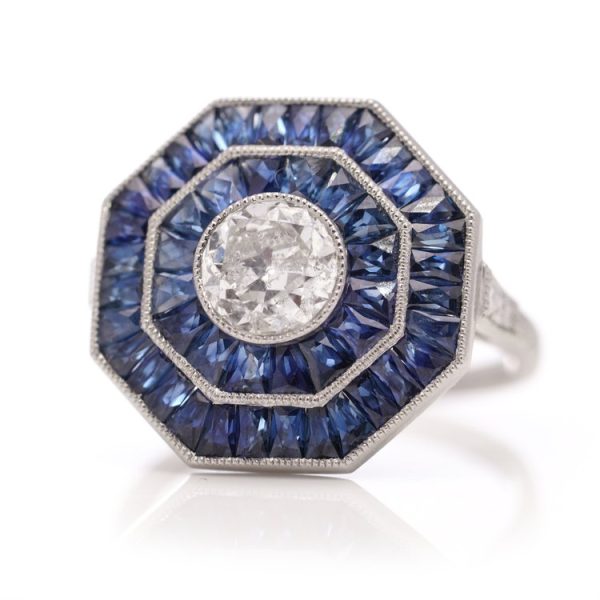 Art Deco Style 0.42ct Diamond and Sapphire Octagonal Double Cluster Ring in Platinum