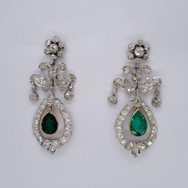 Antique 1.50ct Pear Cut Emerald and 3ct Old Cut Diamond Cluster Drop Chandelier Earrings