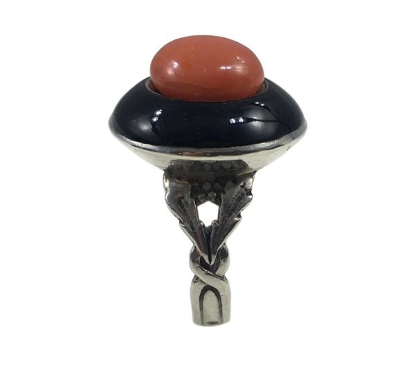 Vintage French Coral and Black Lacquer Target Ring in Silver with foliate decoration, Circa 1930