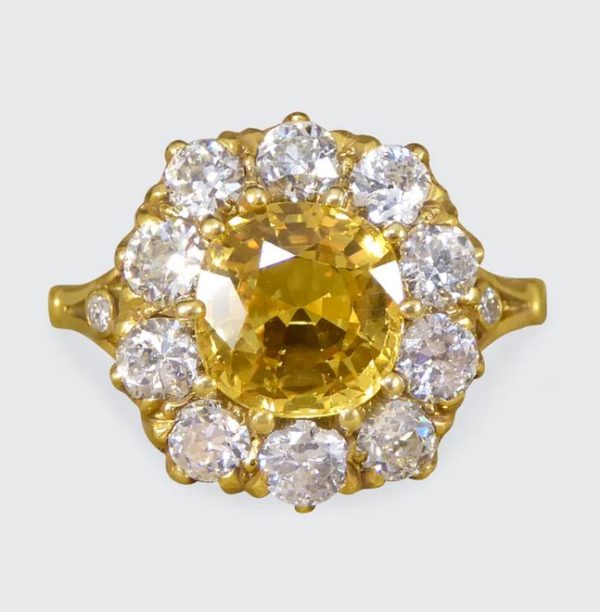 2.60ct Yellow Sapphire and Old Cut Diamond Cluster Ring