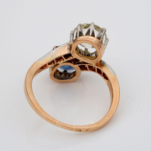 Edwardian Antique 2.30ct Natural Sapphire and 1.70ct Old Cut Diamond Toi et Moi Two Stone Crossover Ring
