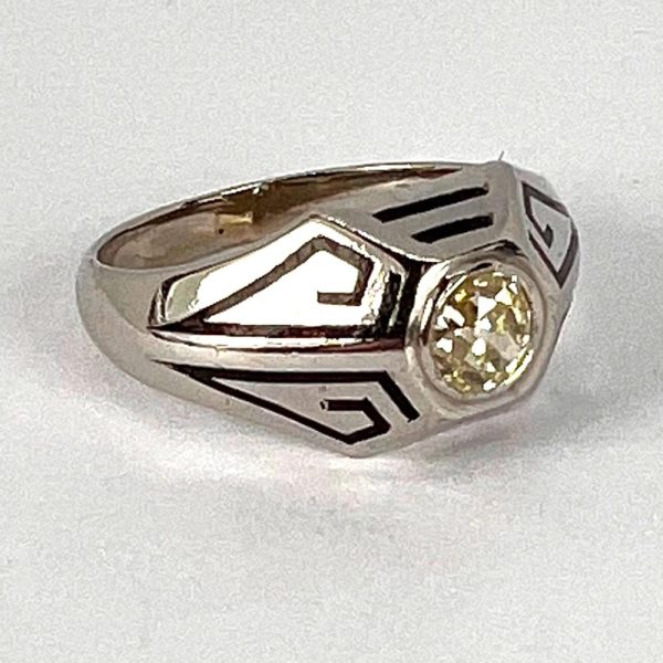Art Deco 0.45ct Old European Cut Tinted Yellow Diamond Black Enamel and 14ct White Gold Ring