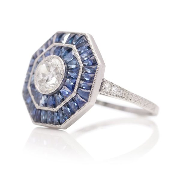 Art Deco Inspired 0.42ct Diamond and Sapphire Octagonal Cluster Ring in Platinum