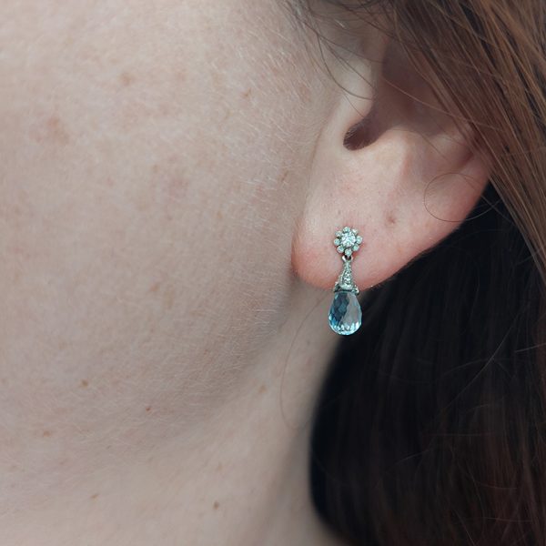 Edwardian Style Briolette Aquamarine and Diamond Drop Earrings by Bentley and Skinner