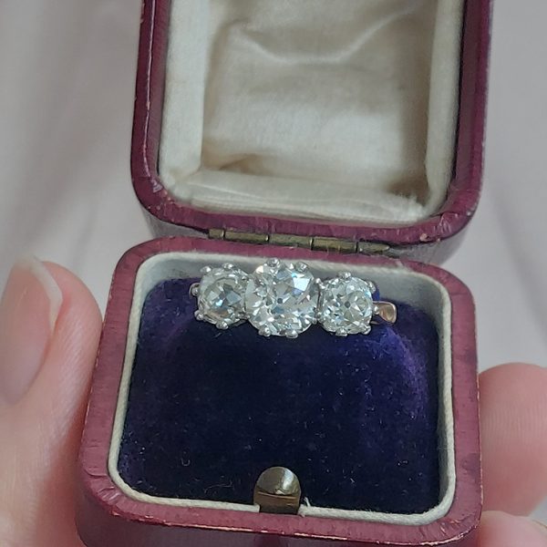 Old Mine Cut Diamond Three Stone Engagement Ring, 3.17 carat total