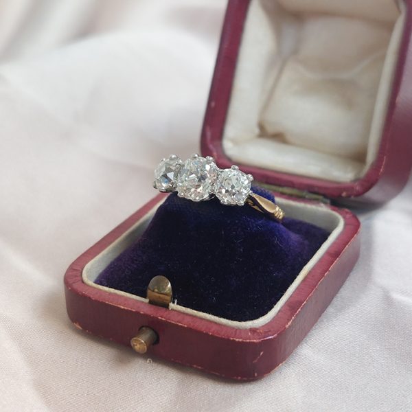 Old Mine Cut Diamond Three Stone Engagement Ring, 3.17 carats