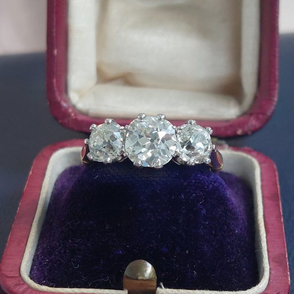 Old Mine Cut Diamond Three Stone Engagement Ring, 3.17 carat total