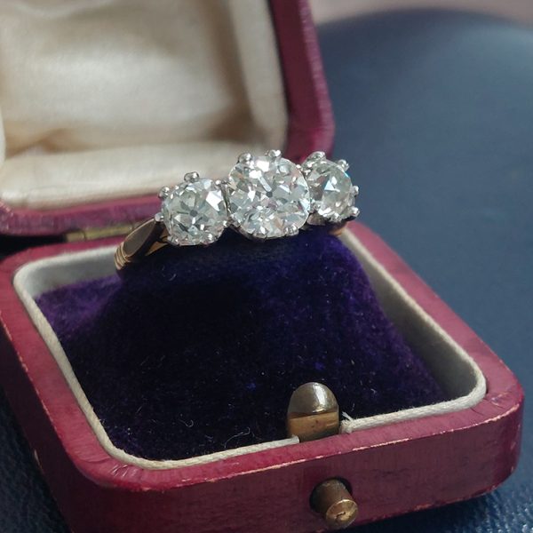 Old Mine Cut Diamond Three Stone Engagement Ring, 3.17 carats