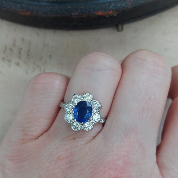 1.90ct Oval Sapphire and Diamond Cluster Engagement Ring in Platinum