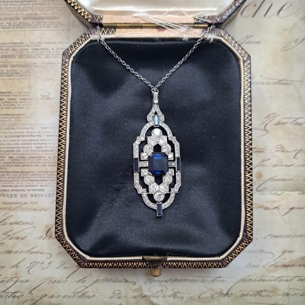 Art Deco 2ct Sapphire and Diamond Pendant in Platinum