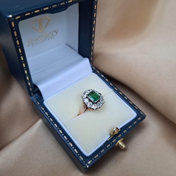 Antique Emerald and Diamond Floral Cluster Engagement Ring
