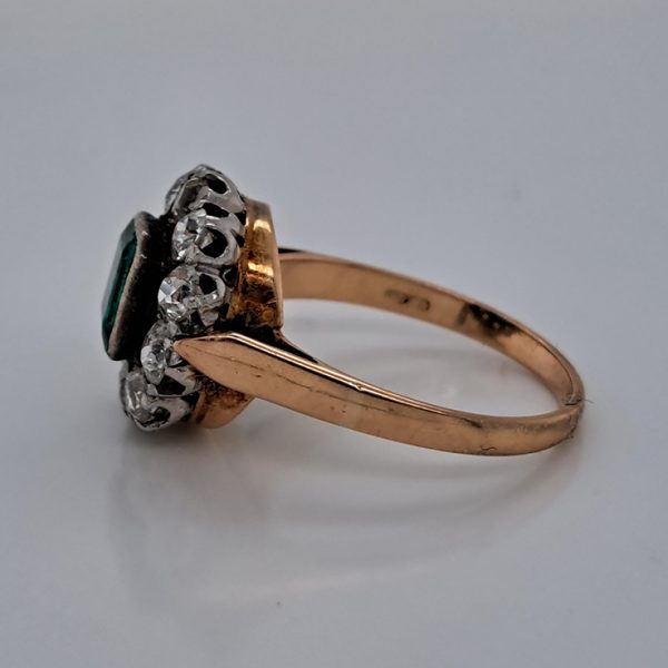 Antique Emerald and Diamond Floral Cluster Engagement Ring in Platinum to 14ct Yellow Gold