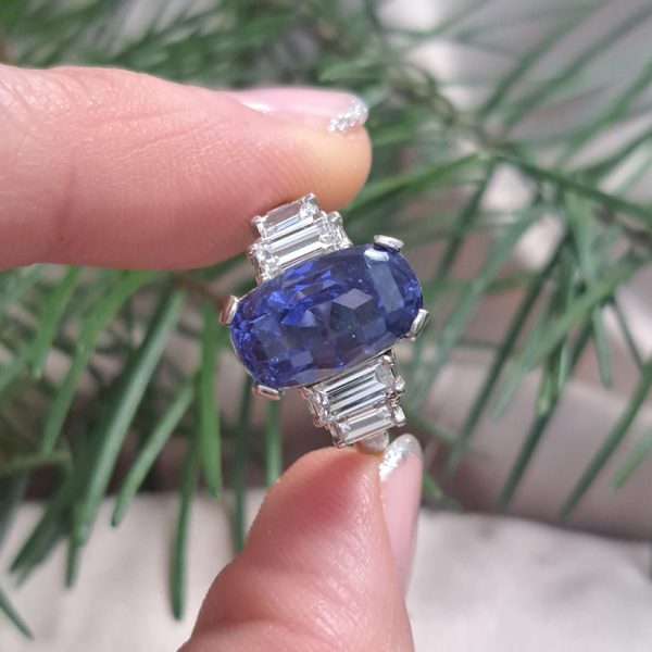 Art Deco 7.14ct No Heat Sapphire and Baguette Diamond Engagement Ring