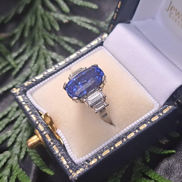 Art Deco 7.14ct No Heat Sapphire and Baguette Diamond Engagement Ring