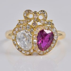 Georgian Antique Burma Ruby and Old Cut Diamond Double Heart Cluster Sweetheart Ring