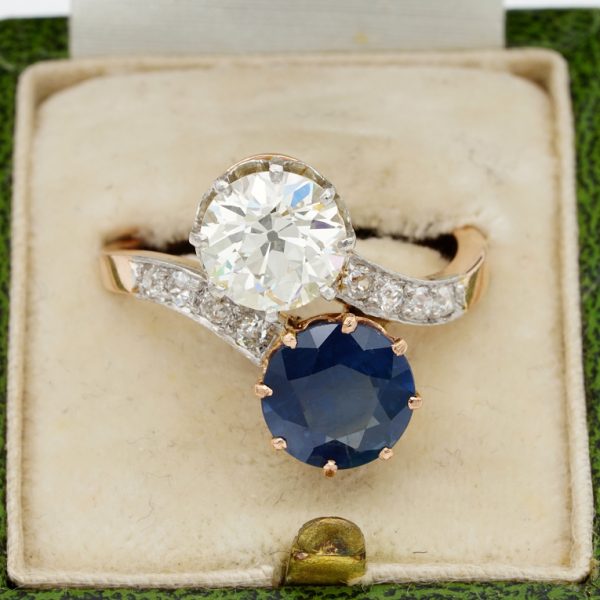 Edwardian Antique 2.30ct Natural Sapphire and 1.70ct Old Cut Diamond Toi et Moi Two Stone Crossover Ring