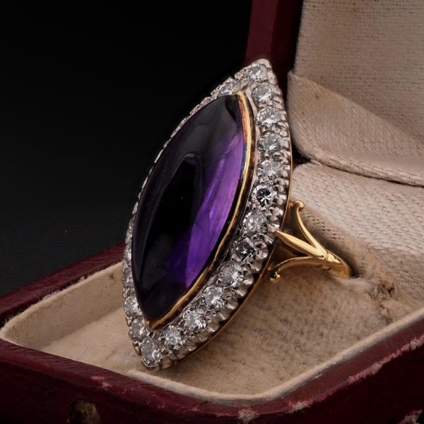 Antique 16ct Marquise Cabochon Amethyst and Diamond Cluster Navette Ring