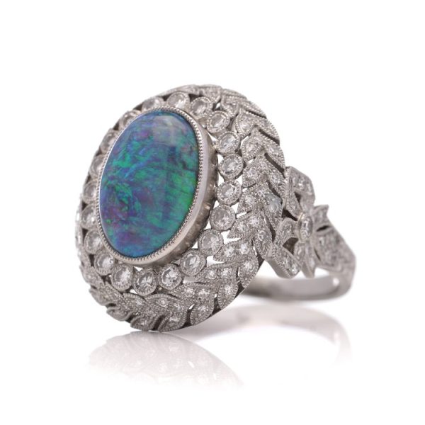 3.30ct Oval Cabochon Opal and Diamond Double Cluster Dress Ring in Platinum