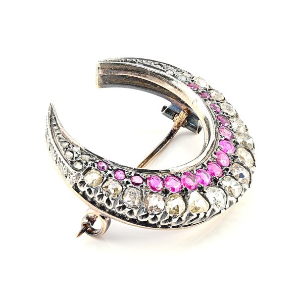Victorian Antique 3.10ct Old Cut Diamond and Ruby Crescent Moon Brooch
