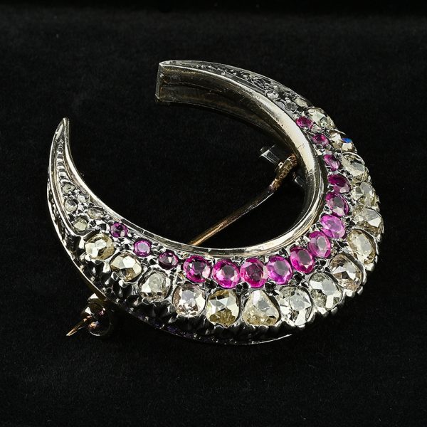 Victorian Antique 3.10ct Old Cut Diamond and Ruby Crescent Moon Brooch