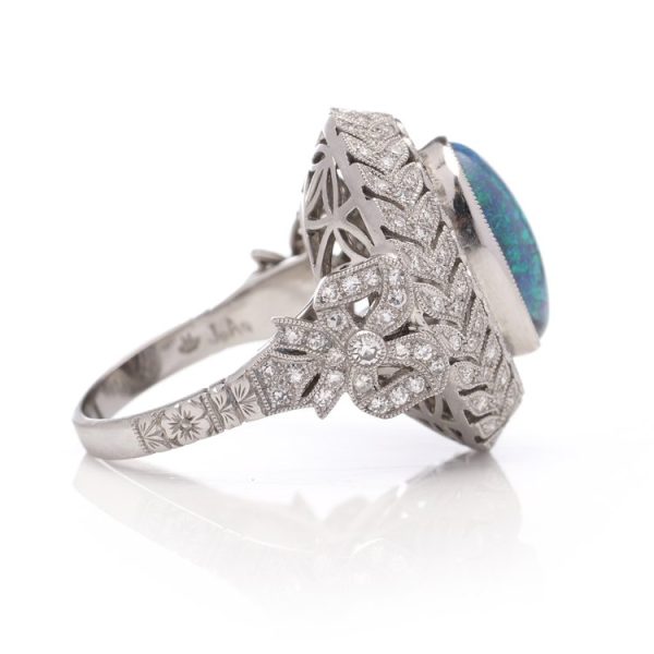 3.30ct Oval Cabochon Opal and Diamond Double Cluster Dress Ring in Platinum with Bow Shoulders