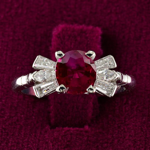 Vintage Certified 1.62ct Natural Burma Ruby and Diamond Bow Cluster Engagement Ring
