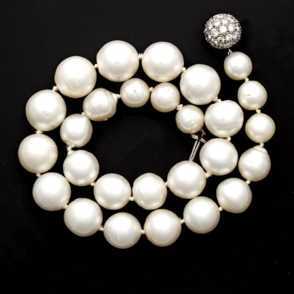 Graduated South Sea Pearl Necklace with Diamond Set 18ct White Gold Ball Clasp, 3.46 carats