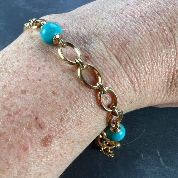 Turquoise Bead and 18ct Yellow Gold Link Chain Bracelet