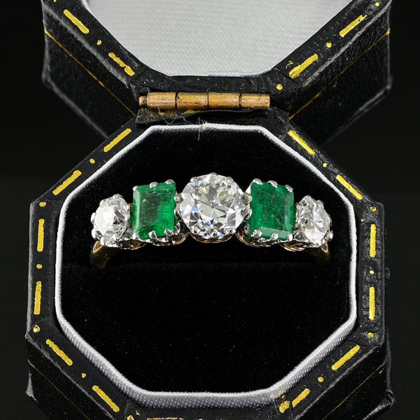 Art Deco Emerald and Old Cut Diamond Five Stone Ring, 1ct diamond 0.80ct emerald
