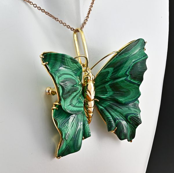 Vintage Carved Malachite Butterfly Pendant Brooch 18ct Yellow Gold