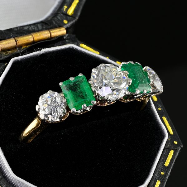 Art Deco Emerald and Old Cut Diamond Five Stone Ring in 18ct Yellow Gold