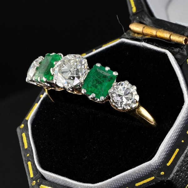 Art Deco 1ct Old European Cut Diamond and Emerald Five Stone Engagement Ring in 18ct Yellow Gold