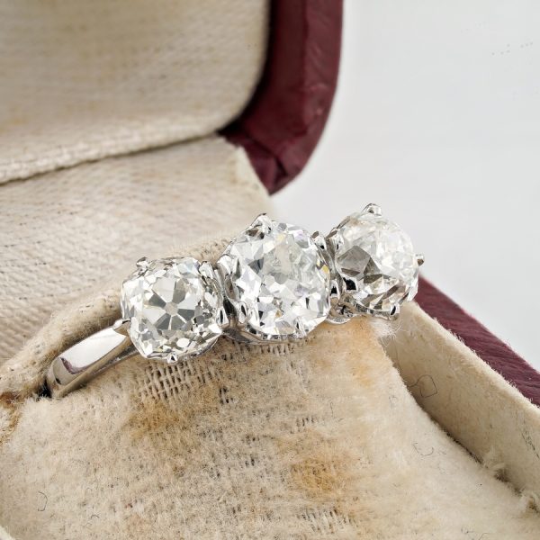 2.90ct Old Mine Cut Diamond Three Stone Engagement Ring in Platinum