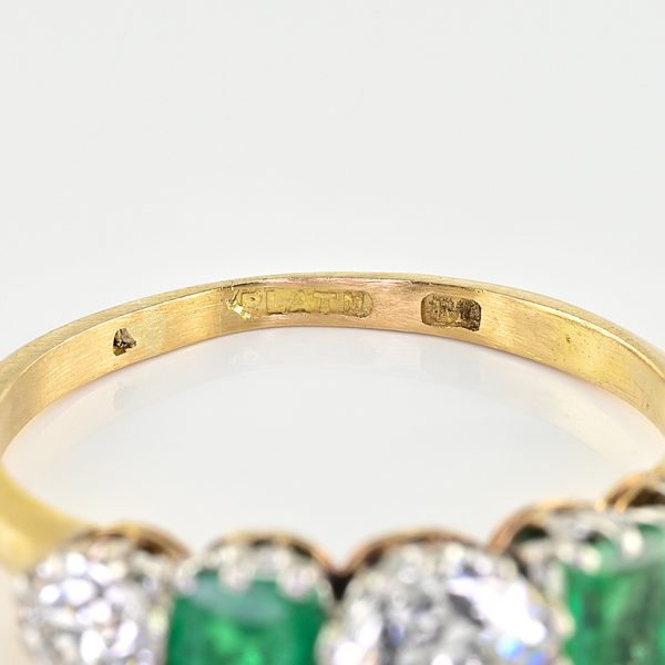Art Deco Emerald and Old Cut Diamond Five Stone Ring, 1ct diamond 0.80ct emerald